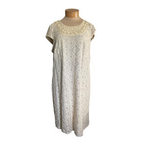 Studio I Womens 18W Cream Lace Dress Sheath Beaded Neck Short Sleeve Lined